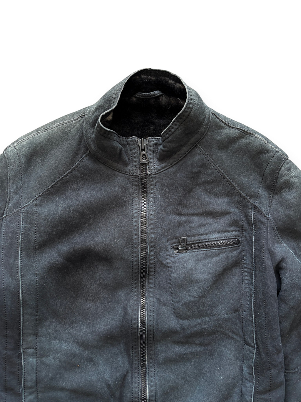 00's Hugo Boss Orange Label Shearling Lined Leather Moto Jacket Black (M) - view 3