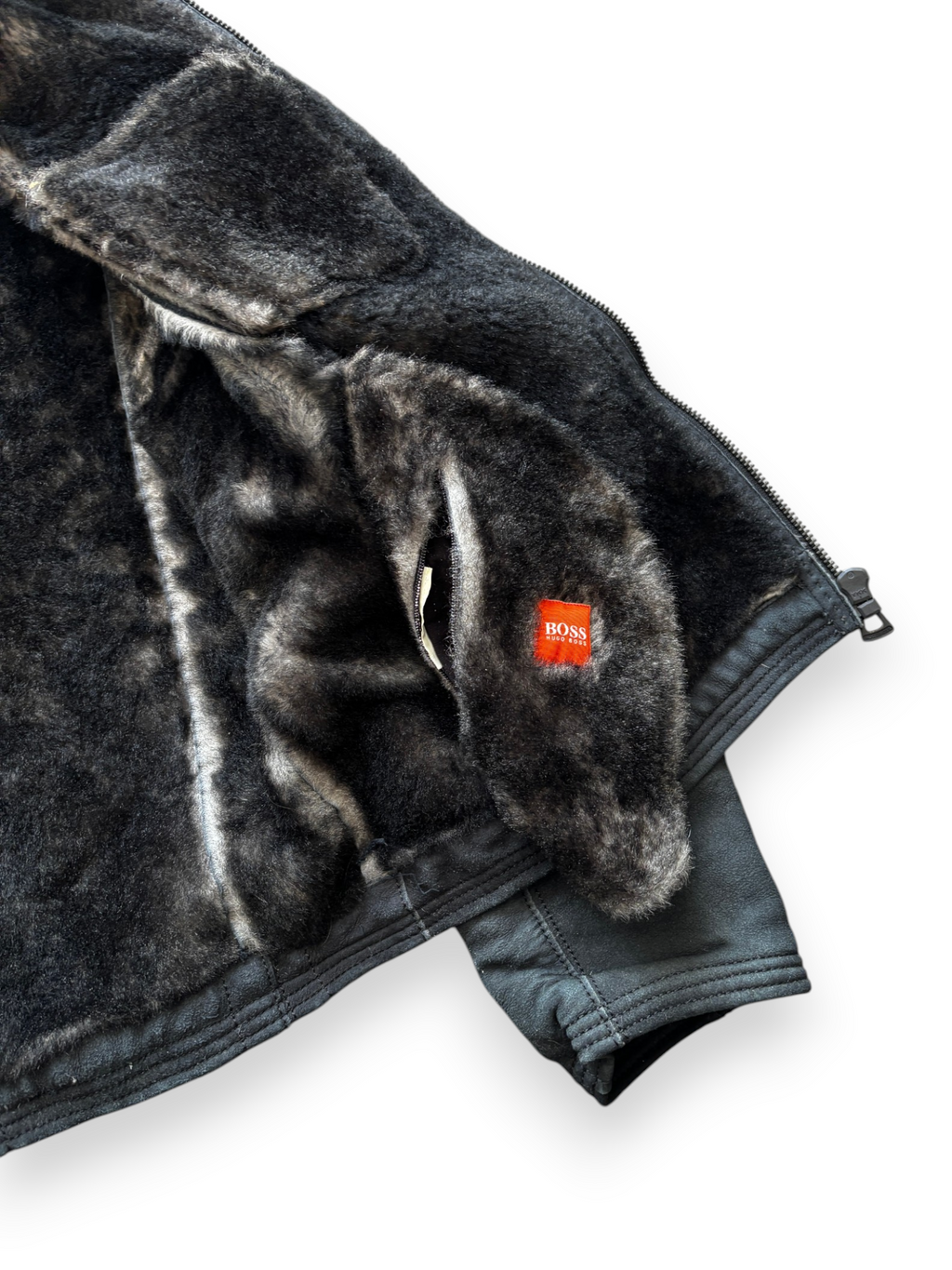 00's Hugo Boss Orange Label Shearling Lined Leather Moto Jacket Black (M) - view 4