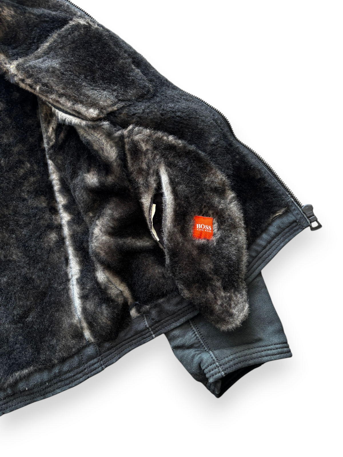 00's Hugo Boss Orange Label Shearling Lined Leather Moto Jacket Black (M) - view 4
