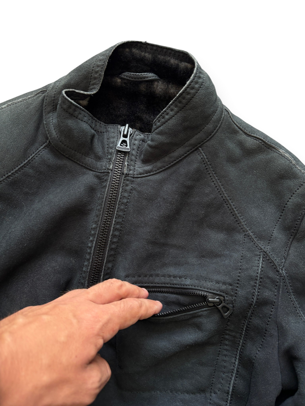 00's Hugo Boss Orange Label Shearling Lined Leather Moto Jacket Black (M) - view 9