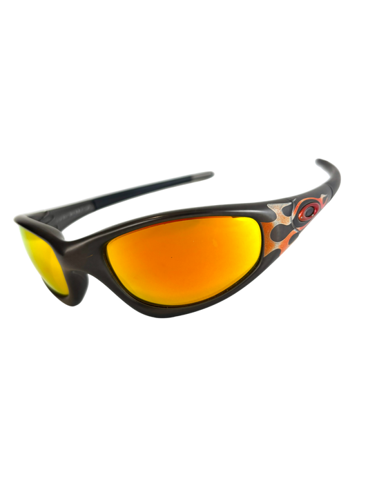 1999 OAKLEY NEW STRAIGHT JACKET JET BLACK - ORANGE FLAMES / FIRE IRIDIUM