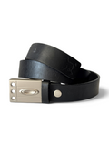 Oakley black leather belt with satin nickel Ellipse plate buckle