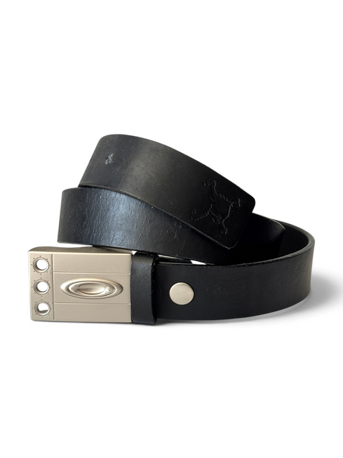 Oakley black leather belt with satin nickel Ellipse plate buckle