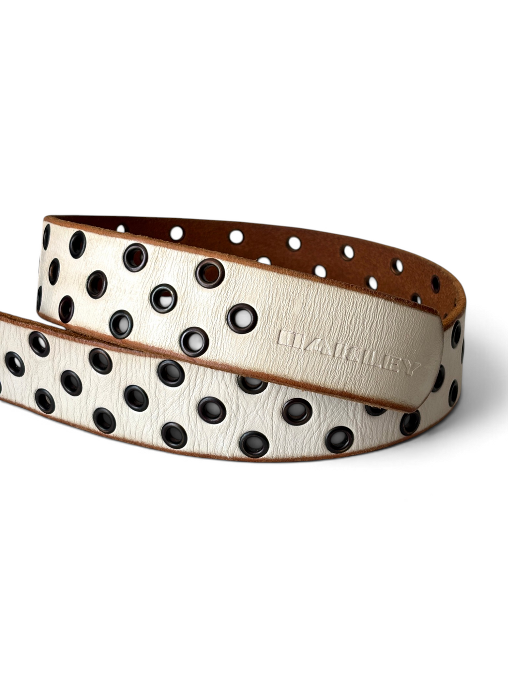 00's Oakley Skull Buckle Perforated Leather White Belt - view 3