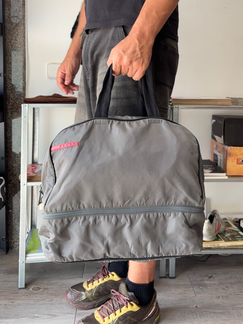 Prada Sport grey nylon duffle bag with red Linea Rossa tab