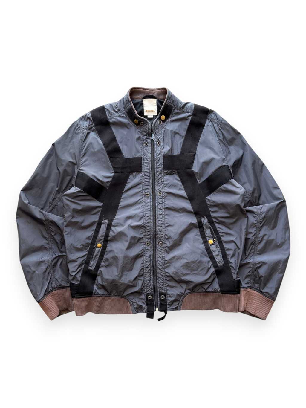 Diesel grey nylon bomber jacket with black webbing straps