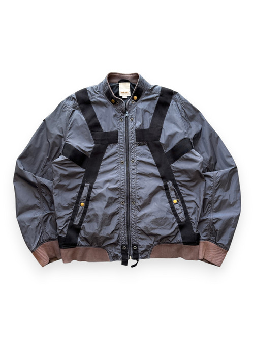 Diesel grey nylon bomber jacket with black webbing straps