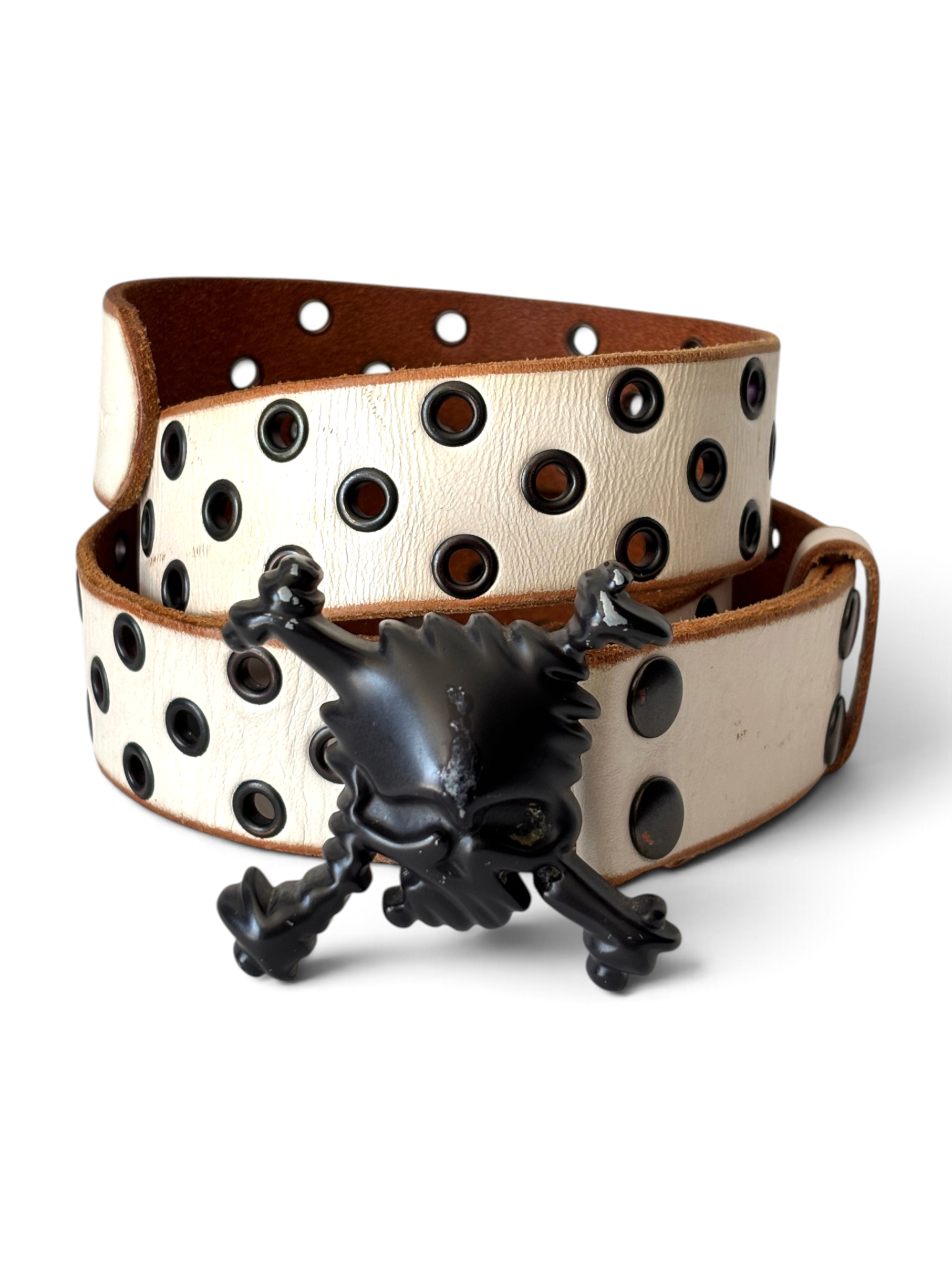 Oakley skull buckle perforated white leather belt